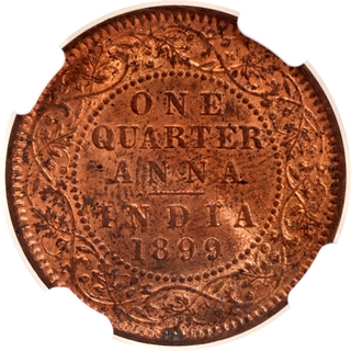 Scarce NGC MS 63 RB Graded Copper One Quarter Anna Coin of Victoria Empress of Calcutta Mint of 1899.