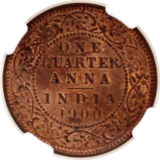 Scarce NGC MS 63 RB Graded Copper One Quarter Anna Coin of Victoria Empress of Calcutta Mint of 1900.