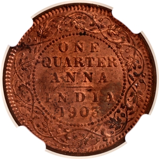 Rare NGC MS 64 RB Graded Copper One Quarter Anna Coin of King Edward VII of Calcutta Mint of 1903.