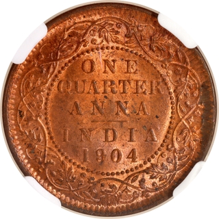 Rare NGC MS 64 RB Graded Copper One Quarter Anna Coin of King Edward VII of Calcutta Mint of 1904.