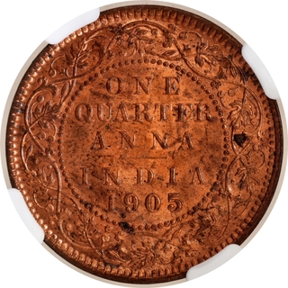 Scarce NGC MS 64 RB Graded Copper One Quarter Anna Coin of King Edward VII of Calcutta Mint of 1905.