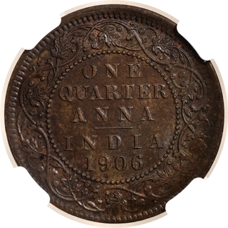 Rare NGC MS 62 BN Graded Bronze One Quarter Anna Coin of King Edward VII of Calcutta Mint of 1906.