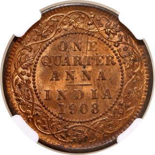 Rare NGC MS 64 RB Graded Bronze One Quarter Anna Coin of King Edward VII of Calcutta Mint of 1908.