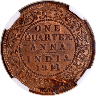 Rare Date NGC UNC Graded Bronze One Quarter Anna Coin of King George V of Calcutta Mint of 1911.