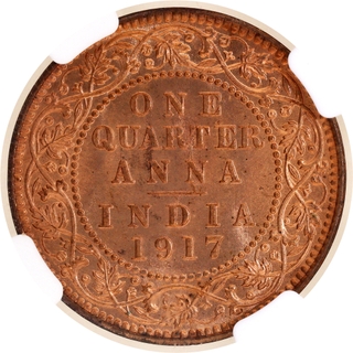 Rare NGC MS 65 RD Graded Bronze One Quarter Anna Coin of King George V of Calcutta Mint of 1917.