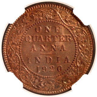 Scarce NGC MS 65 RB Graded Bronze One Quarter Anna Coin of King George V of Calcutta Mint of 1920.