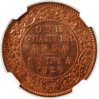 Rare NGC MS 66 RB Graded Bronze One Quarter Anna Coin of Bombay Mint of King George V of 1926.