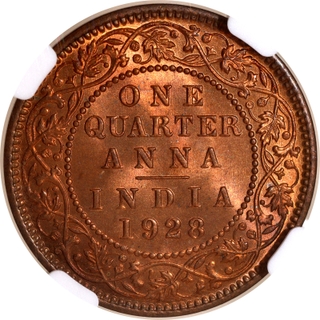 Rare NGC MS 65 RB Graded Bronze One Quarter Anna Coin of King George V of Calcutta Mint of 1928.