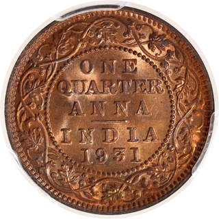 Very Rare PCGS MS 65 RD Graded One Quarter Anna Coin of King George V of Calcutta Mint of 1931.