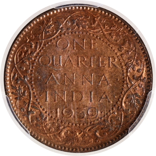 Rare PCGS MS 65 RD Graded Bronze One Quarter Anna Coin of King George VI of Bombay Mint of 1939.