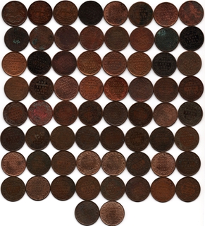 Very Rare Copper and Bronze One Quarter Anna Sixty Six Coins of Different Rulers and Years.