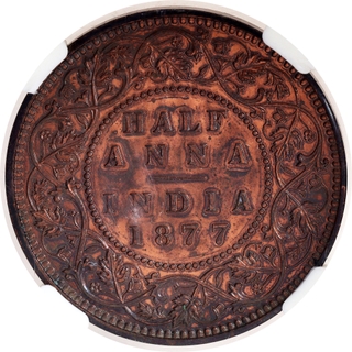 Extremely Rare NGC PL 62 RB Graded Copper Half Anna Proof Coin of Victoria Empress of Bombay Mint of 1877.