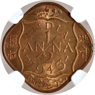 Scarce NGC MS 64 Graded Nickel Brass Half Anna Coin of King George VI of Calcutta Mint of 1943.