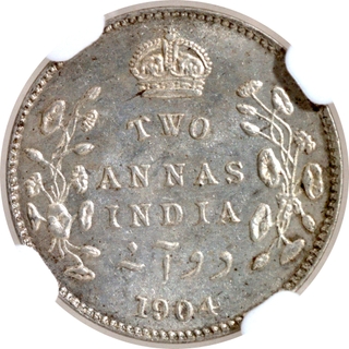 Scarce NGC MS 62 Graded Silver Two Annas Coin of King Edward VII of Calcutta Mint of 1904.