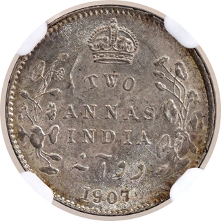 Scarce NGC MS 62 Graded Silver Two Annas Coin of King Edward VII of Calcutta Mint of 1907.