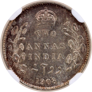 Scarce NGC MS 62 Graded Silver Two Annas Coin of King Edward VII of Calcutta Mint of 1908.