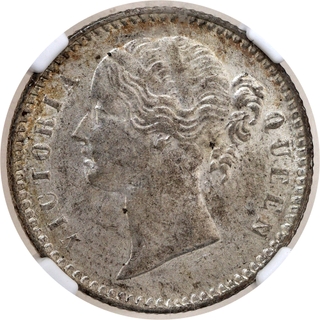 NGC MS 62 Graded Silver Quarter Rupee Coin of Victoria Queen Divided Legend of Calcutta or Bombay Mint of 1840.