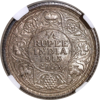 Scarce NGC MS 62 Graded Silver Quarter Rupee Coin of King George V of Calcutta Mint of 1913.