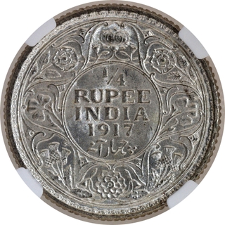 Scarce NGC MS 63 Graded Silver Quarter Rupee Coin of King George V of Calcutta Mint of 1917.