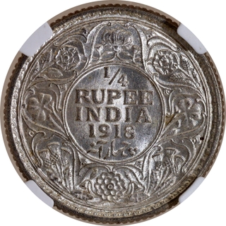 Rare NGC MS 65 Graded Silver Quarter Rupee Coin of King George V of Calcutta Mint of 1918.