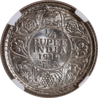 Rare NGC MS 64 Graded Silver Quarter Rupee Coin of King George V of Calcutta Mint of 1919.