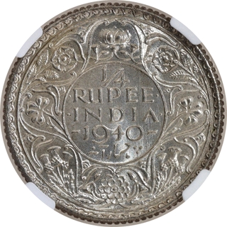 Rare NGC MS 64 Graded Silver Quarter Rupee Coin of King George VI of Calcutta Mint of 1940.