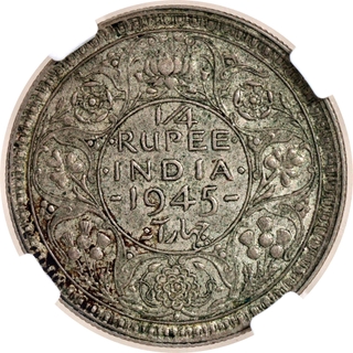 Rare NGC AU 58 Graded Large 5 Silver Quarter Rupee Coin of King George VI of Bombay Mint of 1945.