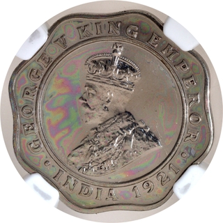 Extremely Rare NGC PF 64 Graded Cupro Nickel Four Annas Proof Coin of King George V of Calcutta Mint of 1921.