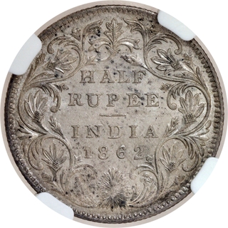 Very Rare NGC MS 64 Graded Silver Half Rupee Coin of Victoria Queen of Calcutta Mint of 1862.