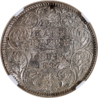 Extremely Rare NGC MS 61 Graded Silver Half Rupee Coin of Victoria Empress of Calcutta Mint of 1897.