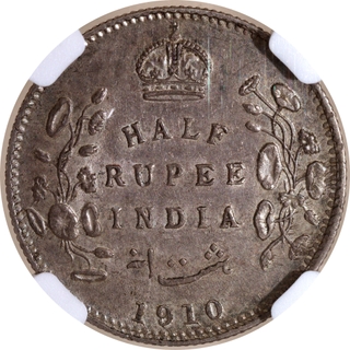 Rare NGC AU Graded Silver Half Rupee Coin of Calcutta Mint of King Edward VII of 1910.