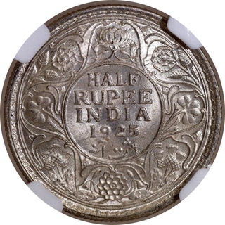 Rare NGC MS 63 Graded Silver Half Rupee Coin of King George V of Calcutta Mint of 1925.