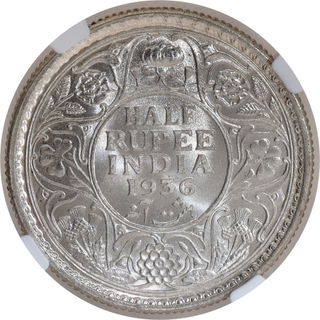 Very Rare NGC MS 65 Graded Silver Half Rupee Coin of King George V of Calcutta Mint of 1936.