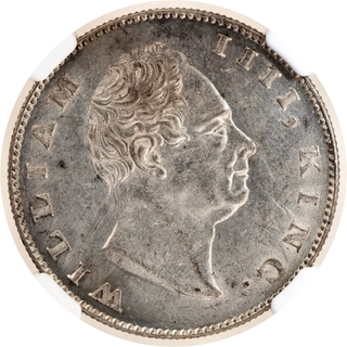 Scarce NGC UNC Graded Silver One Rupee Coin of King William IIII of F Incused Calcutta Mint of 1835.