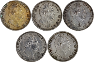 Rare Five Silver One Rupee Coins of King Willaim IIII of Calcutta and Bombay Mint of 1835.