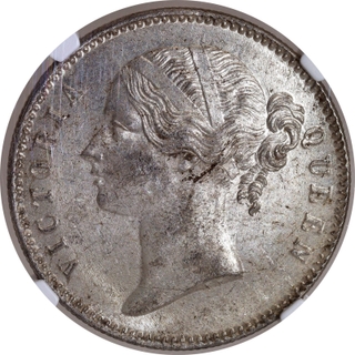 NGC MS 62 Graded Silver One Rupee Coin of Victoria Queen of Calcutta and Bombay Mint of 1840.