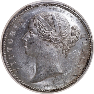 PCGS MS 62 Graded Silver One Rupee Coin of Victoria Queen Divided Legend of Calcutta/Bombay Mint of 1840.