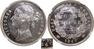 Rare NGC MS 63 Graded Silver One Rupee Coin of Victoria Queen Divided Legend of Calcutta/Bombay Mint of 1840.