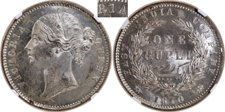 Rare NGC MS 62 Graded Silver One Rupee Coin of Victoria Queen Divided Legend of Calcutta/Bombay Mint of 1840.