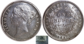 Very Rare NGC MS 62 Graded Silver One Rupee Coin of Victoria Queen Divided Legend of Calcutta/Bombay Mint of 1840.