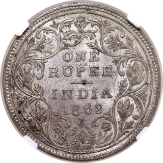 Rare NGC MS 62 Graded 3 pineapples type of Silver One Rupee Coin of Victoria Queen of Calcutta Mint of 1862.