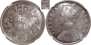 Extremely Rare NGC MS 62 Graded 1 pineapple type Silver One Rupee Coin of Victoria Queen of Madras Mint of 1862.