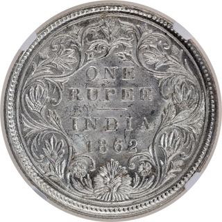 Rare NGC MS 62 Graded Silver One Rupee Coin of Victoria Queen of Madras Mint of 1862.