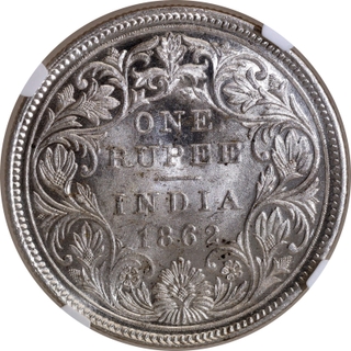 Rare NGC MS 62 Graded Silver One Rupee Coin of Victoria Queen of Madras Mint of 1862.