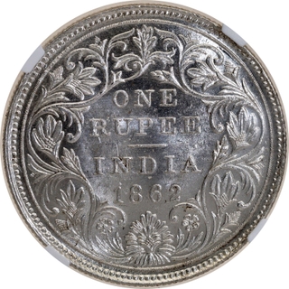 Rare NGC MS 63 Graded Silver One Rupee Coin of Victoria Queen of Madras Mint of 1862.