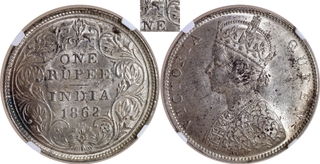 Very Rare MS 62 Graded Silver One Rupee Five Panels Coin of Victoria Queen of Bombay Mint of 1862.