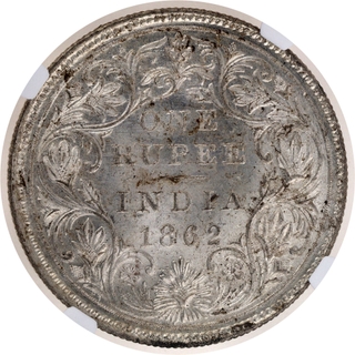 Very Rare NGC MS 63 Graded Silver One Rupee Coin of Victoria Queen of Madras Mint of 1862.