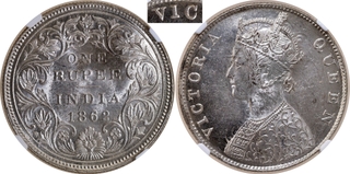 Very Rare NGC MS 61 Graded Silver One Rupee Coin of Victoria Queen of Madras Mint of 1862.