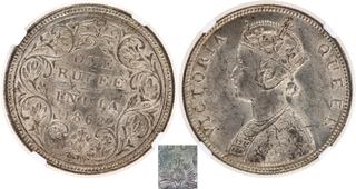 NGC MS 61 Graded Silver One Rupee Coin of Victoria Queen of Bombay Mint of 1862 of B/II/0/3 Dots.