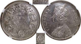 NGC MS 61 Graded Silver One Rupee Coin of Victoria Queen of Bombay Mint of 1862 of A/II/0/4 Dots.